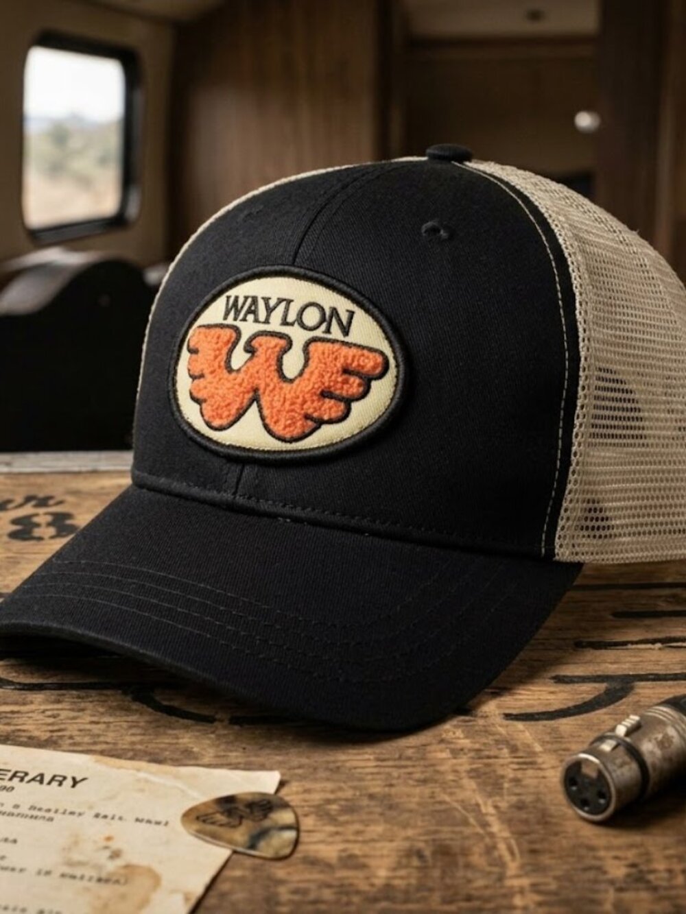 Retro Waylon Jennings Hat Outlaw Country Flying W Patch Black Beige Trucker Cap